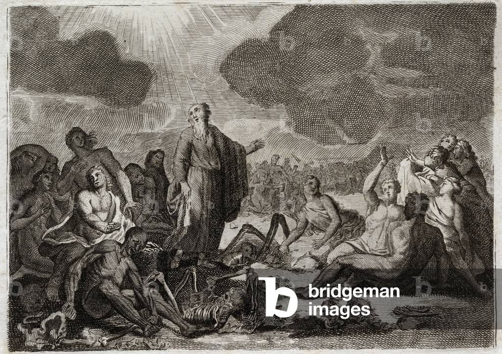 Bible of Royaumont, Old Testament: Second vision of Ezekiel. The vision that the Prophete Ezechiel had from several bones all desseches which took up a human form. Illustration from 1811.