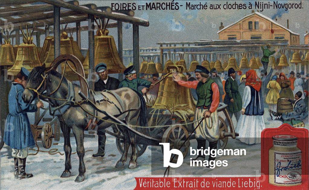Bells market in Nizhny Novgorod (Russia). Chromo Liebig from the end of the 19th century.