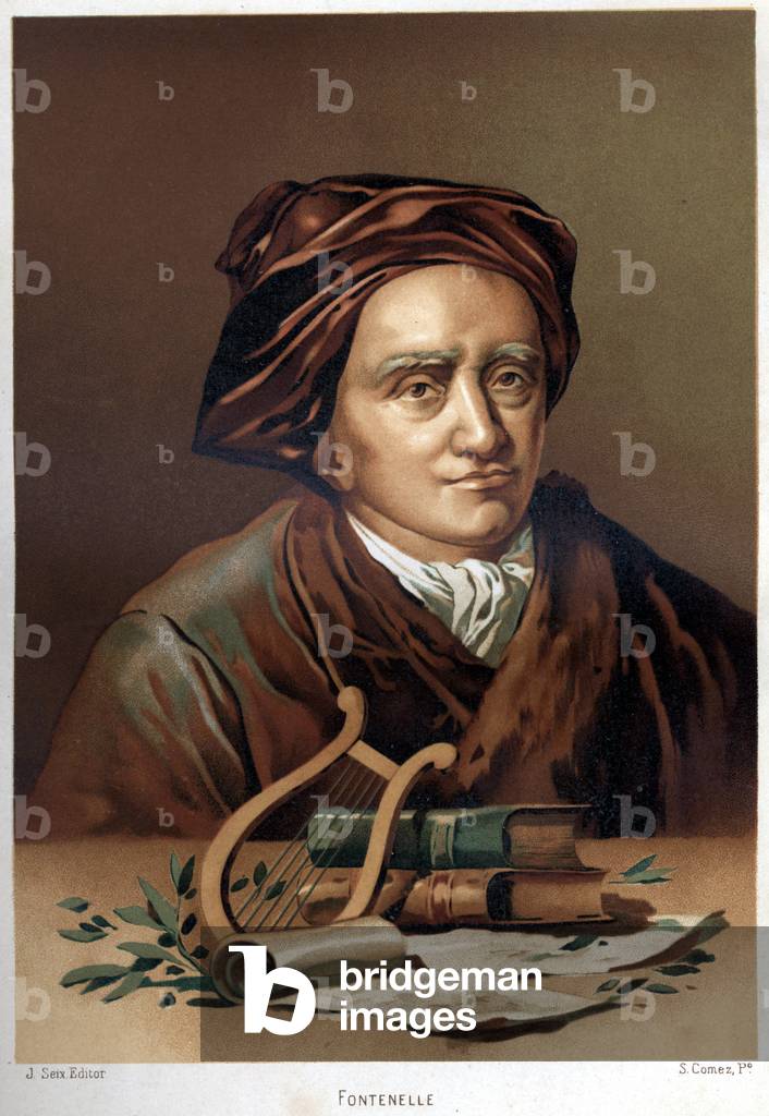 Portrait of Bernard Le Bouyer (Le Bovier) by Fontenelle (1657-1757). Chromolithography of the end of the 19th century. based on “La Ciencia y sus Hombres”” by Louis Figuier. Barcelona 1881
