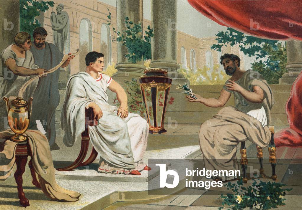 Vespasian (in Latin Titus Flavius Vespasianus) with Pliny the Elder. after famous hombres y Mujeres. Barcelona 1877. Pliny The Elder (23-79) -