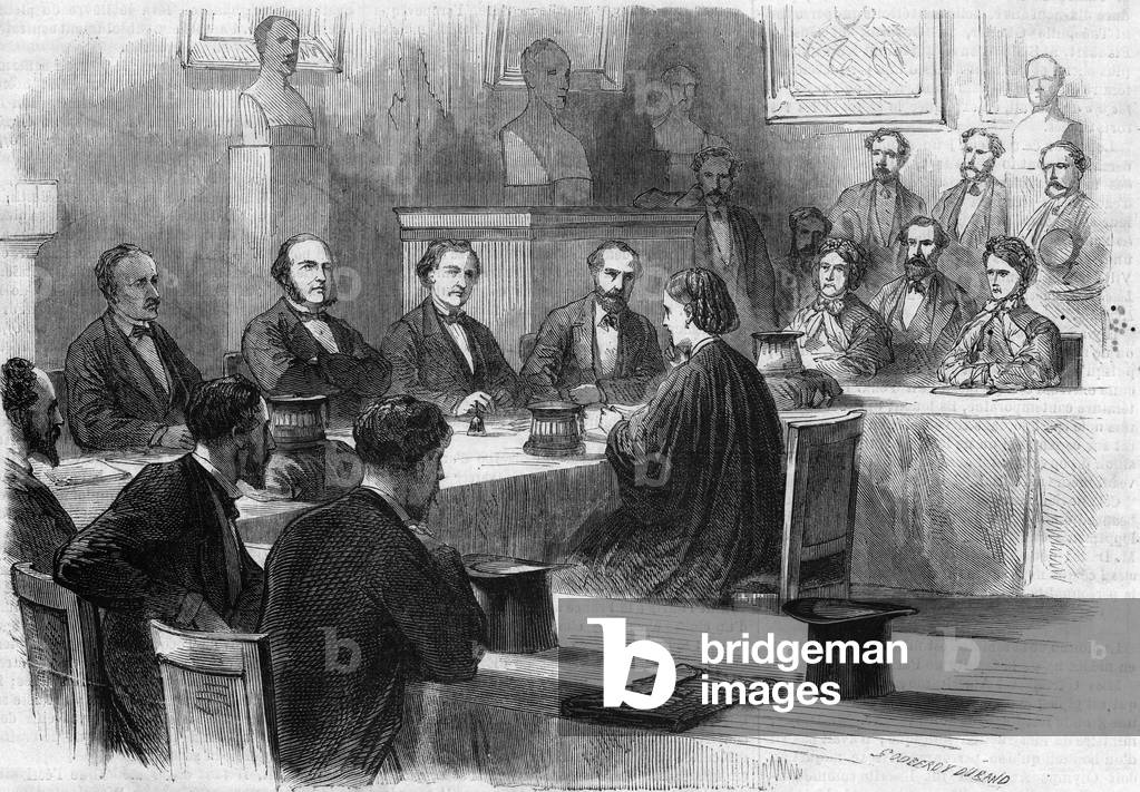 The English Elizabeth Garrett Anderson (1836-1917) presented her these before the jury of the Faculty of Medicine of Paris in 1870. She became the first female doctor. Engraving by Godefroy Durand in “” The Illustrous World”” n°689 of June 25, 1870.