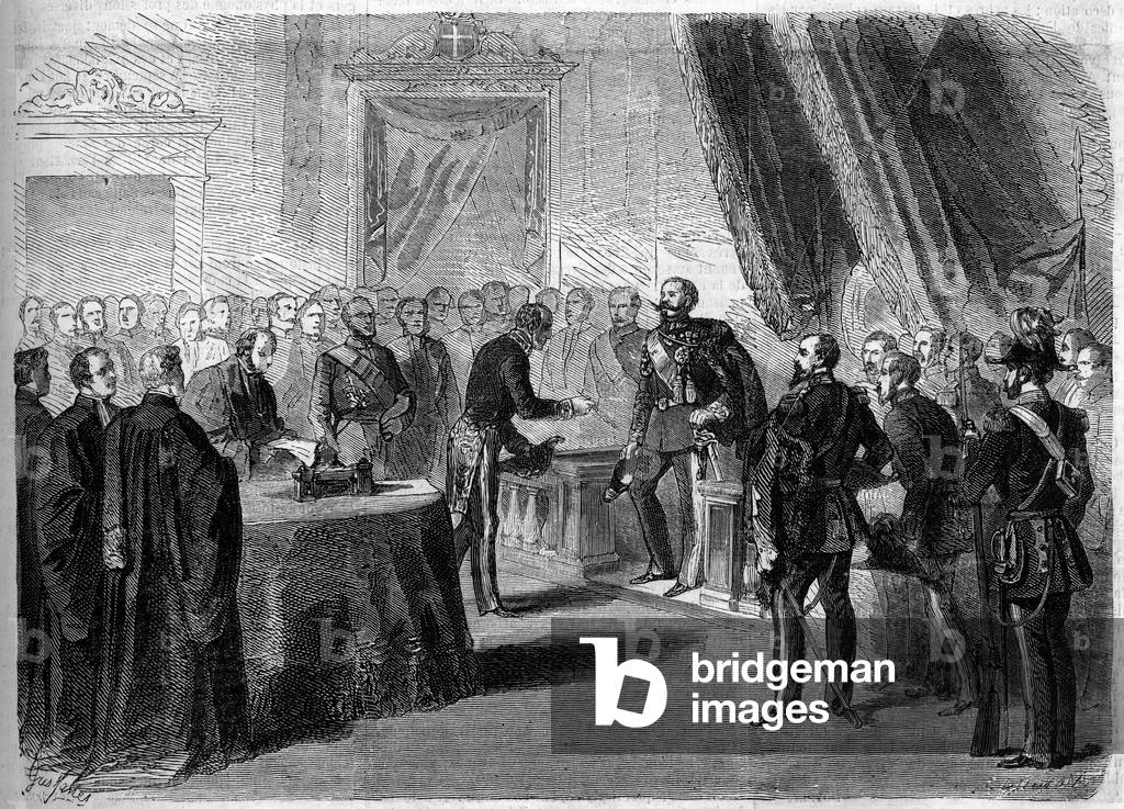 Bettino Ricasoli presenting Tuscan vote results to Victor Emmanuel II during Italian Unification, 1860 (engraving)
