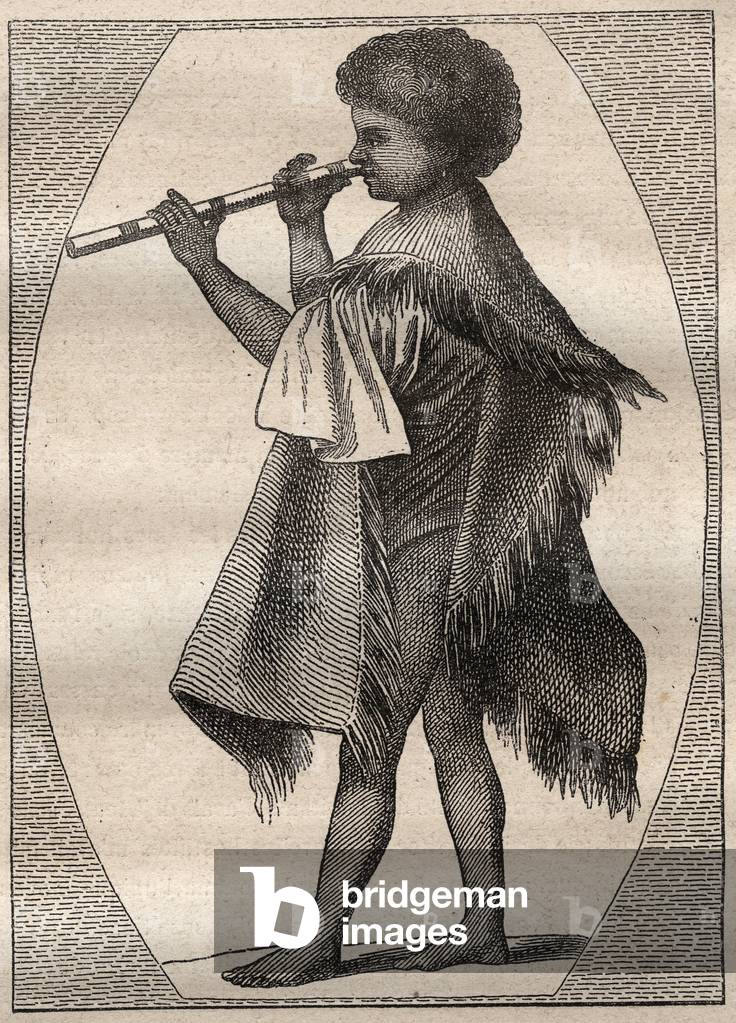 First voyage (1768-1771) by Captain James Cook (1728-1779): Tahitian flute player - illustration taken from “” The Great Mariners of the 18th century””, 1879 - 1 of the 3 volumes of the “Histoire generale des grands voyages et des grands voyageurs” by Jules Verne