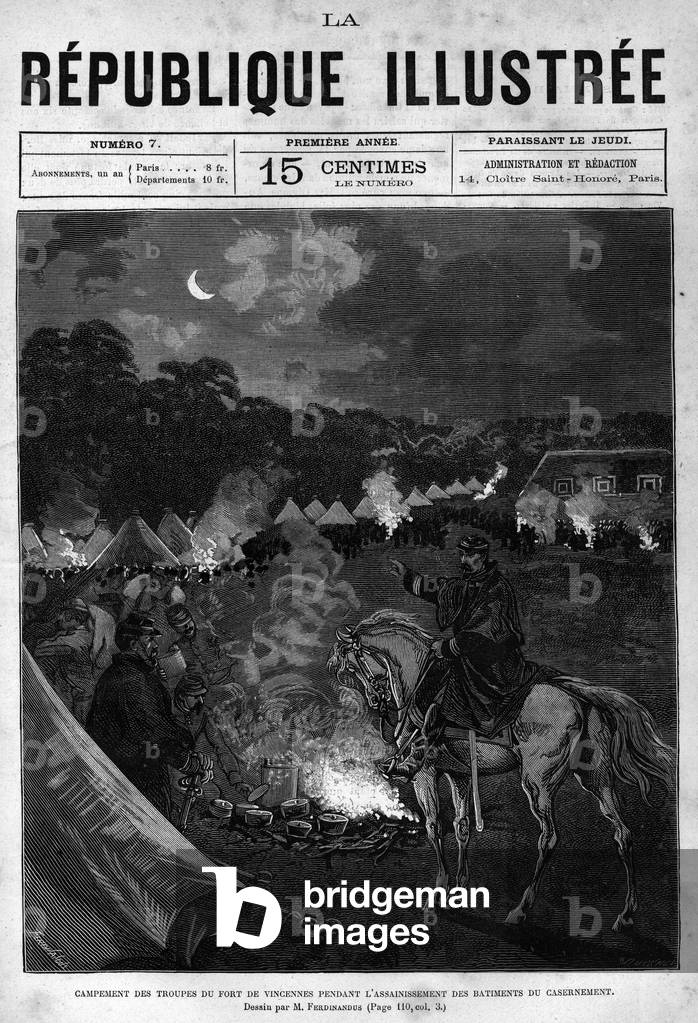 Camp of the troops of Fort de Vincennes during the cleanup of the quartering buildings. A newspaper. Engraving from 1880 in “La republique illustree”” private collection.