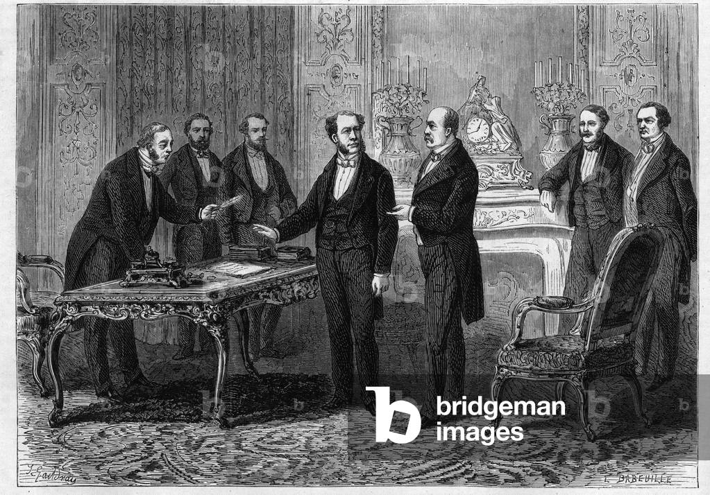 The Viscount of Gontaut Biron (Gontaut-Biron), French ambassador to Berlin, and the Prince of Bismarck (Otto Von Bismarck, 1815-1898) signing the treaty of evacuation from French territory by which Germany undertook to withdraw from the Vosges, the Ardennes, the Meuse, the Meurthe and Moselle and the territory of Belfort. Engraving in “” The Illustrious Universe””, 1873.