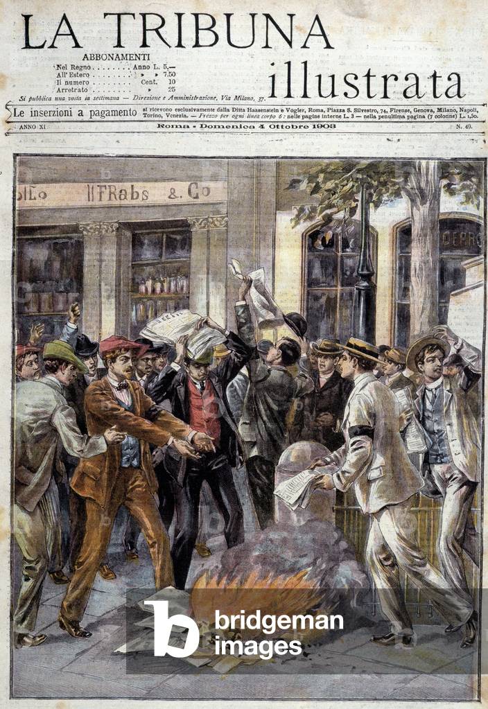 Unrest in Hungary: students burn a royal manifesto - in “La Tribuna Illustrata” of 18 Oct. 1903.