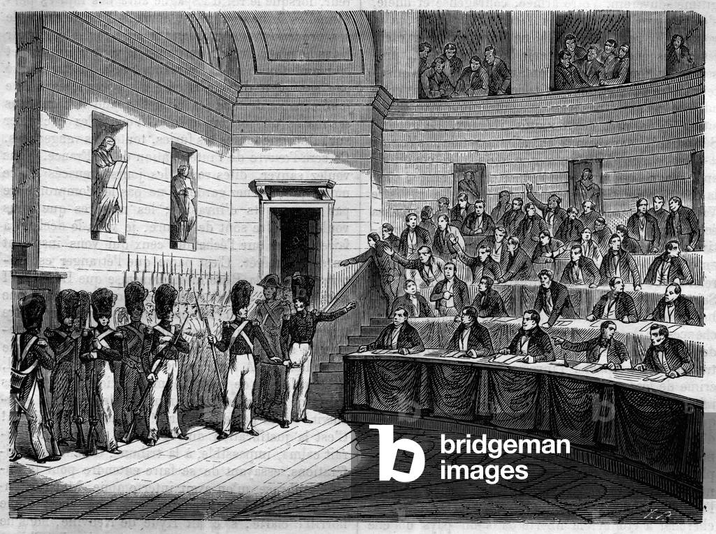 Expulsion of Jacques Antoine (Jacques-Antoine) Manuel (1775-1827) French liberal lawyer and politician of the House of Deputes. Engraving in “Histoire des Papes-Rois-Queen and Empereurs a travers les centuries”” by Maurice Lachatre, 1863.