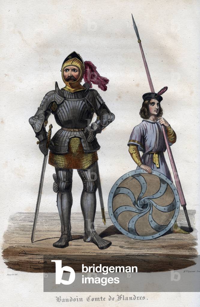 Portrait of Baldwin I, Count of Flanders (830s-879), also known as Baldwin Iron Arm. (Baudouin I, Count of Flanders, also known as the Iron Bras or the Good). Engraving from 1842 in “Histoire des popes”” by Maurice Lachatre. Private collection.