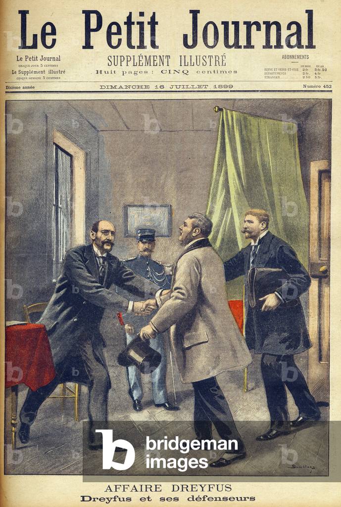 The Dreyfus Affair - Alfred Dreyfus and his defensers, Master Charles Demange (1841-1925) and Fernand Labori (1860-1917). Le Petit Journal July 16, 1899.
