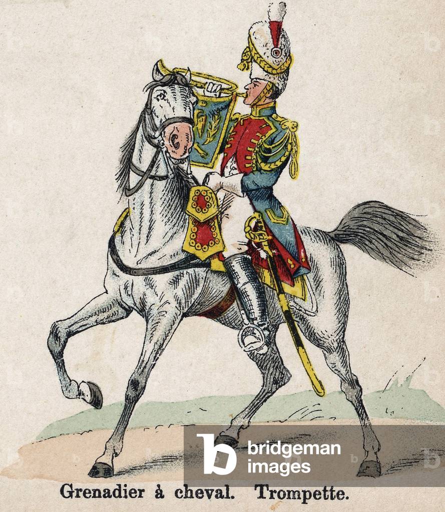 Imperial Guard Napoleon I: Grenadier on horseback - Trumpet. Plate from the book Les Uniforms de l'Armee francaise by Lienhart and Humbert, 1902. Coll. To the Soldiers of Yesteryear.