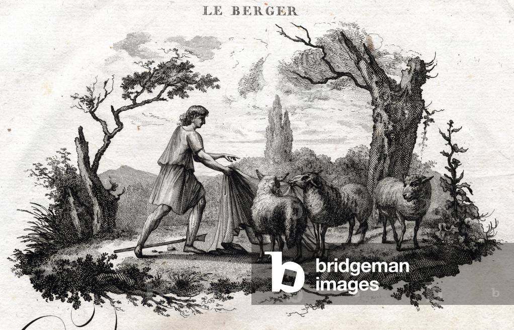 The shepherd. Fable of Esope. (Greek writer Esopo or Ecopus, 6th century BC) Written by Guillaume Montfort and Gravees by Beauble in 1801.
