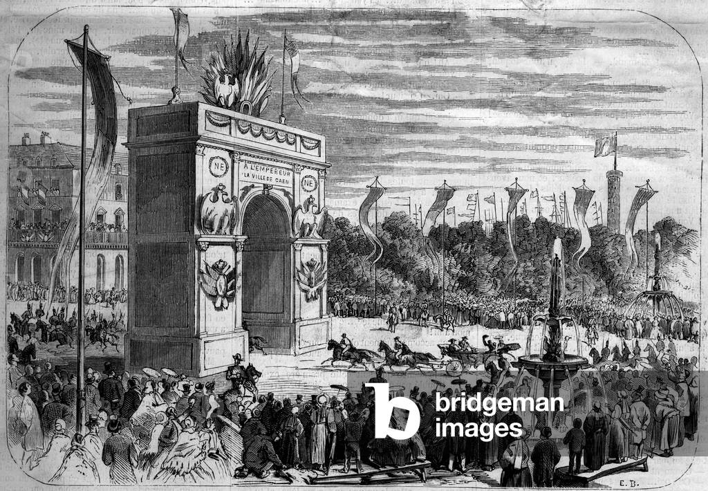 Visit of Napoleon III (1808-1873) and the Impress Eugenie (1826-1920) to Caen (Calvados, 14), 1858: solemn entry of the Imperial Cortege into the city. Engraving in “” Le Monde Illustré”” n°70 of 14 August 1858.