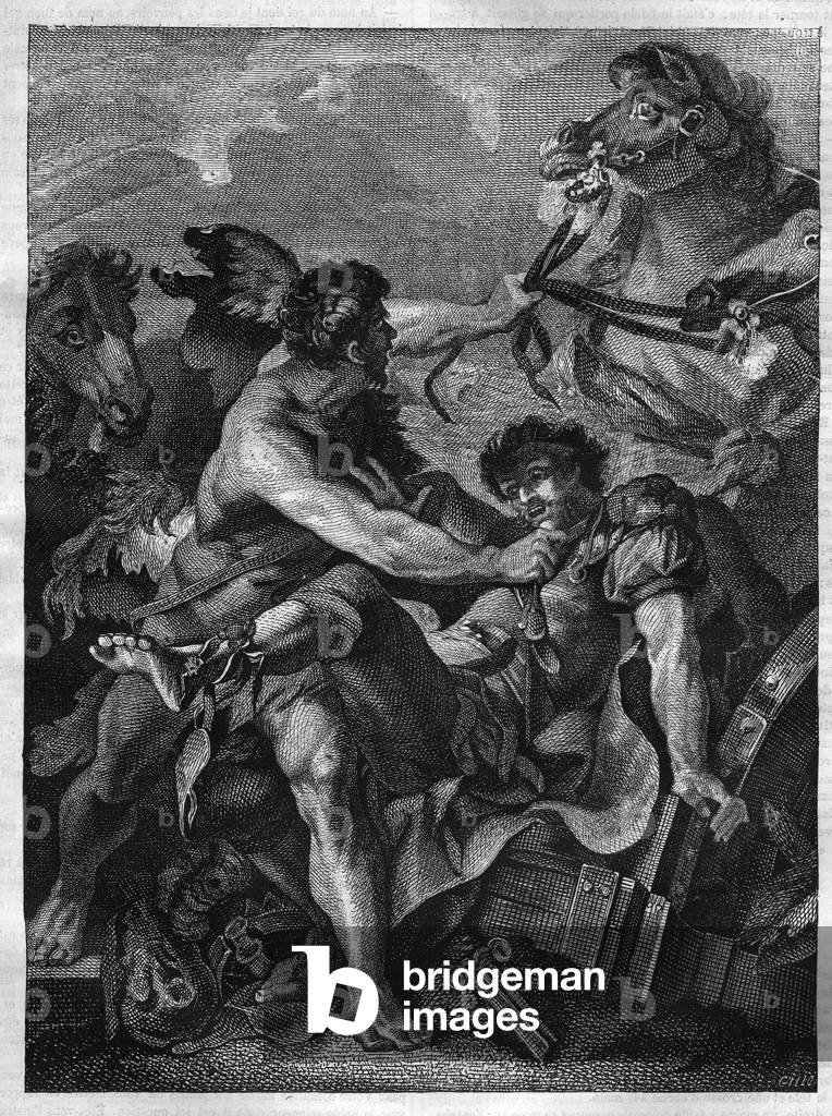 Twelve works of Hercules: Diomede kills by Hercules and eats by his own horses. engraving after the painting of Jean-Baptiste-Marie (Jean Baptiste Marie) Peter. (1714-1789)
