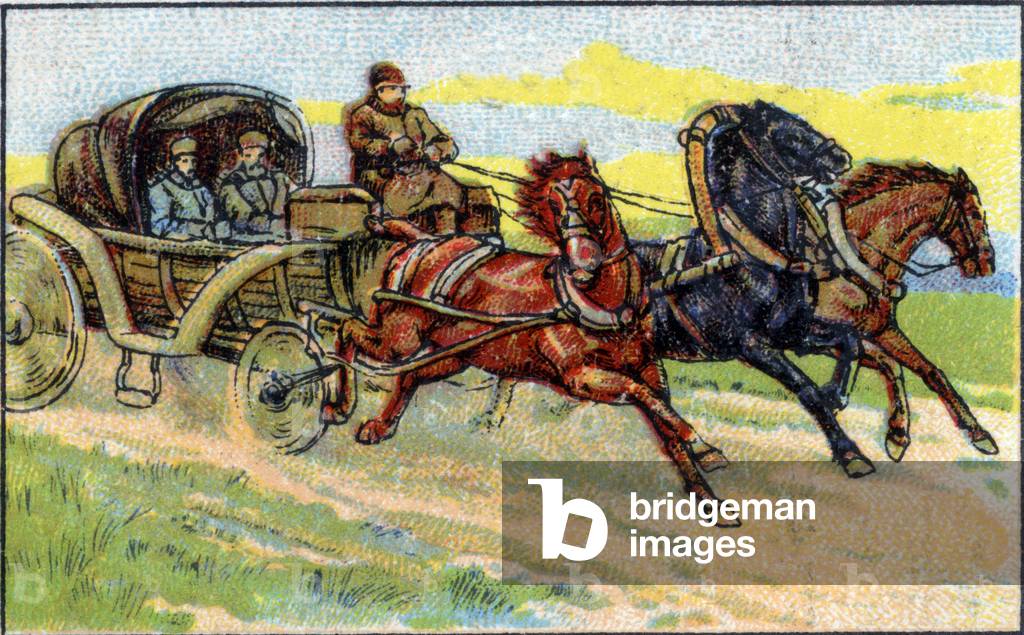 Siberia: Coupling and transport vehicle. Siberian tarantassas. 1936 (chromo)
