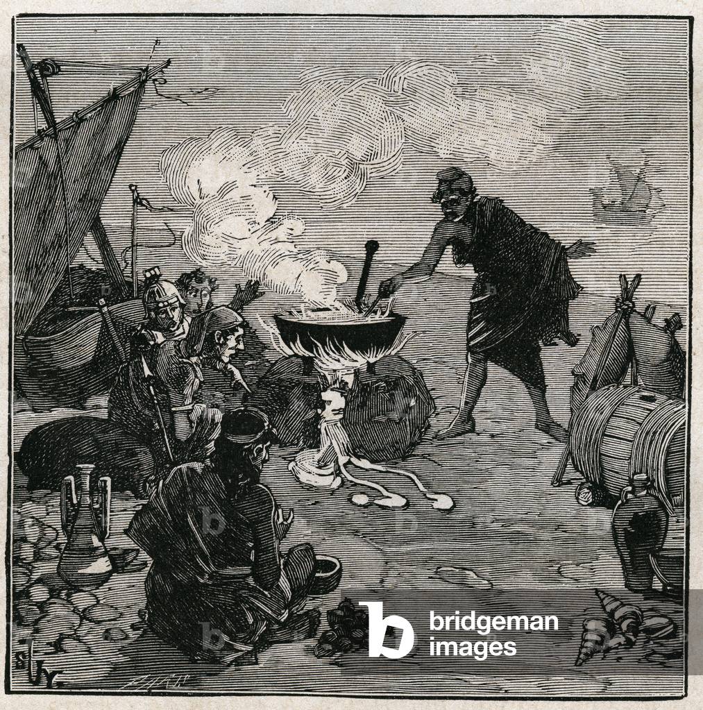 Art of glass: discovered vitrification according to Pliny the Elder (23-79 AD). In Antiquite, merchants failed on a beach fire with Kali plants among the fuels. These vegetables provide enough soda to produce glass by mixing with sand. Engraving from 1885 in “” Les arts et metiers illustres”” by Adolphe BITARD.