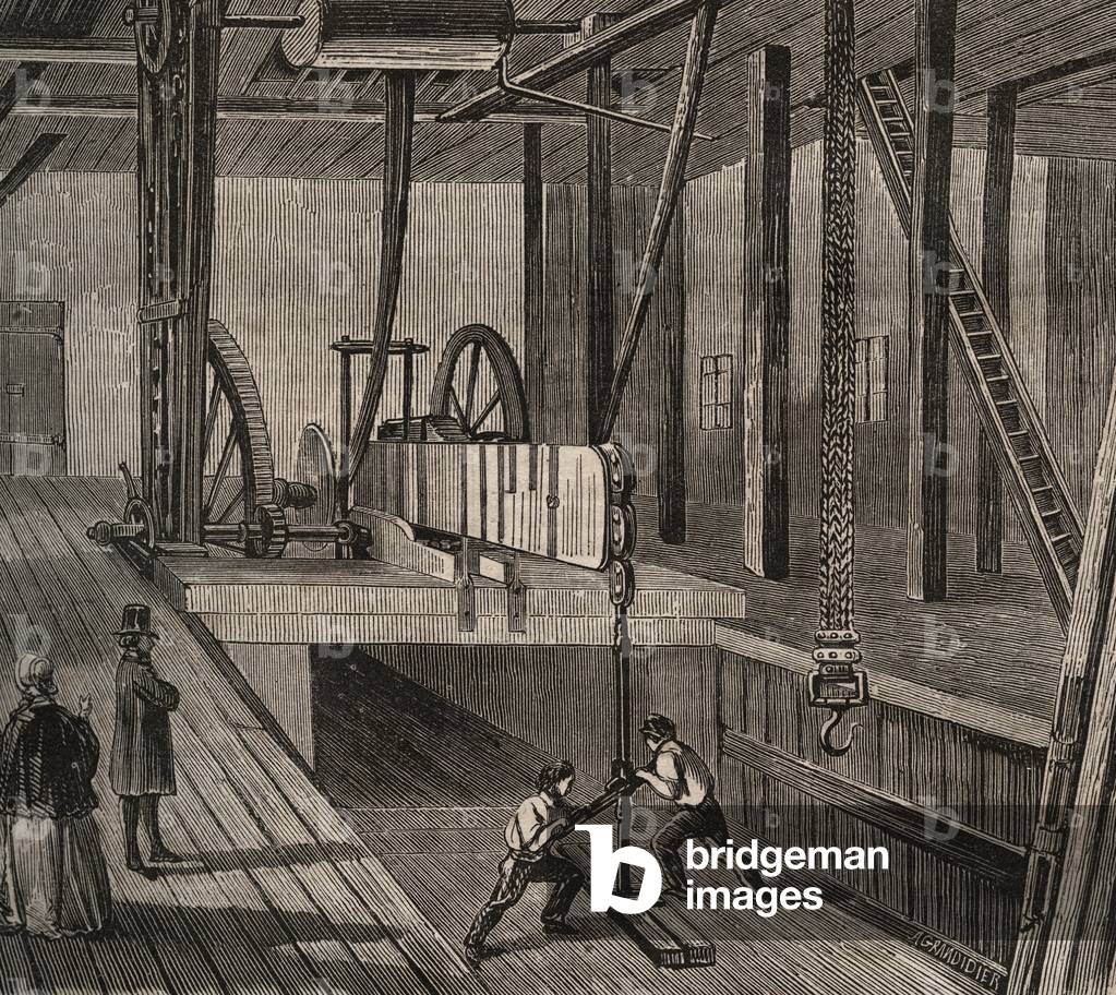Atelier de drilling du well artesian de Passy. Engraving from 1856 in “Le Musee Des Sciences””