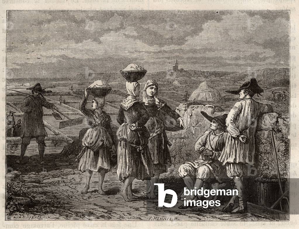 Salt evaporation pond in Brittany - Paludiers and sauniers in Brittany (France), salt marshes - engraving in 'Les Merveilles de l'Industrie' by Louis Figuier