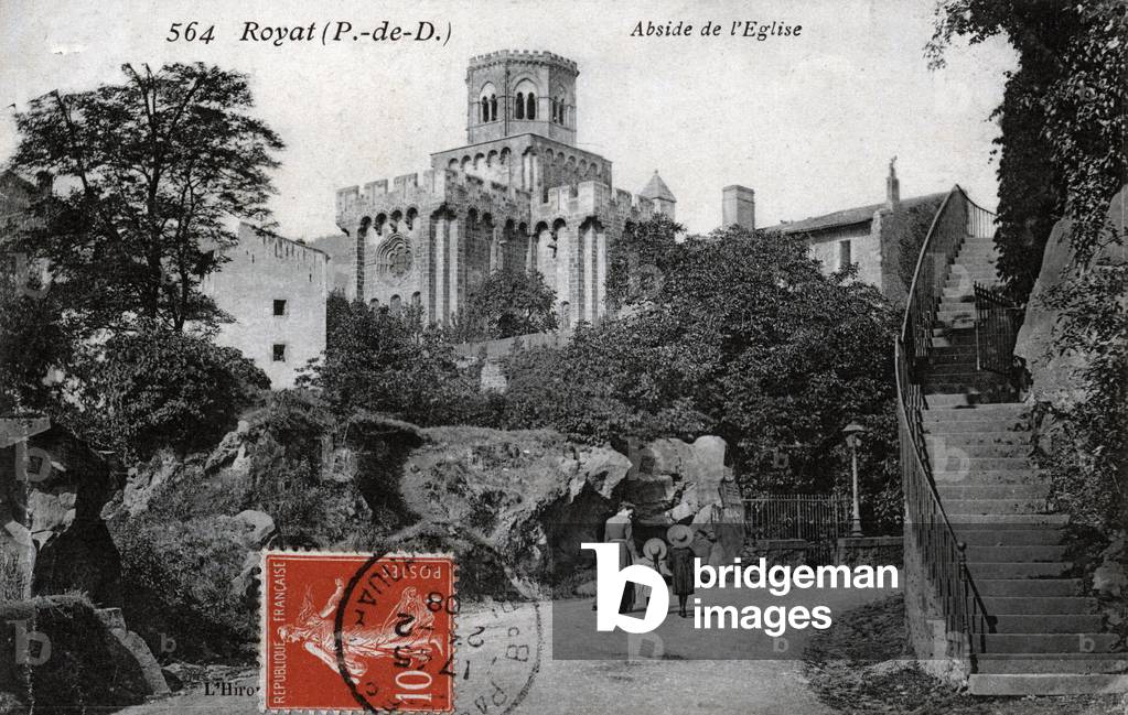 The apse of the church of Royat, Puy de Dome - 1910s, postcard. France, 20th century.