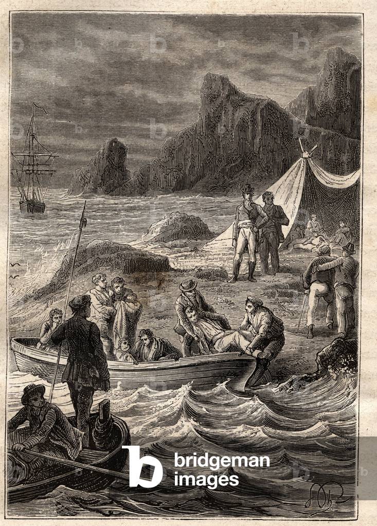 The expedition to the southern lands (1800-1803) by Nicolas Baudin (1754-1803): the sick of scurvy were transported ashore in the Bay of Adventure (Tasmania, Australia) - illustration taken from “The Great Mariners of the 18th century””, 1879 - 1 of the 3 volumes of the “Histoire generale des grands voyages et des grands voyageurs” by Jules Verne