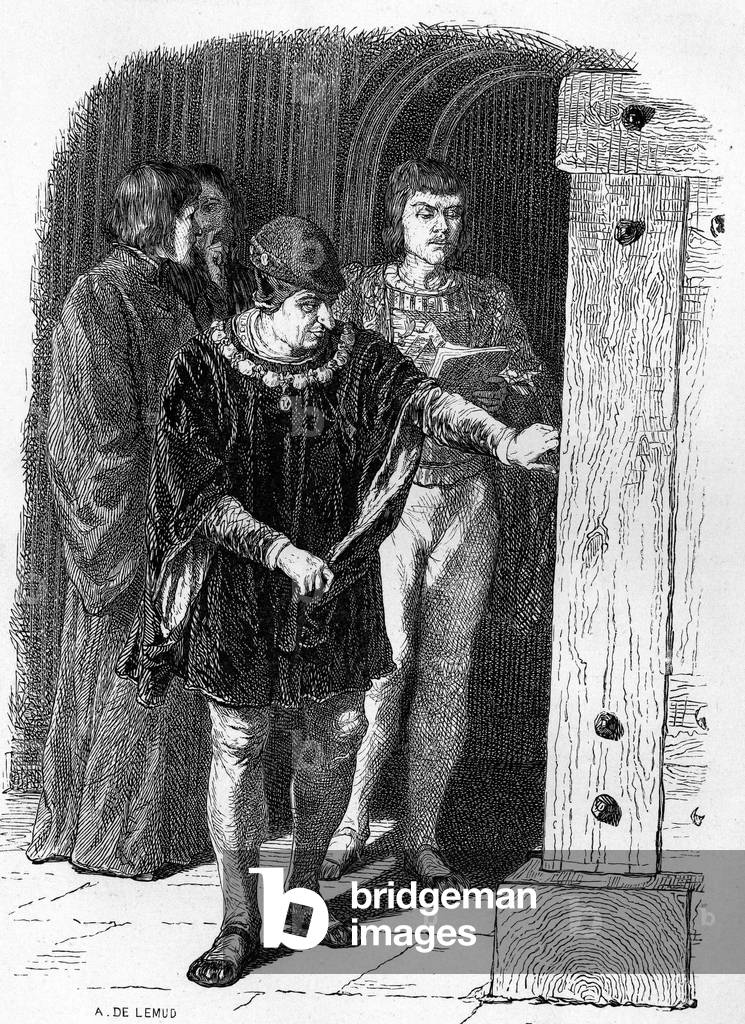 King of France Louis XI visiting the cages of the bastille. Engraving In “” Notre Dame de Paris”” by Victor Hugo, 1844.