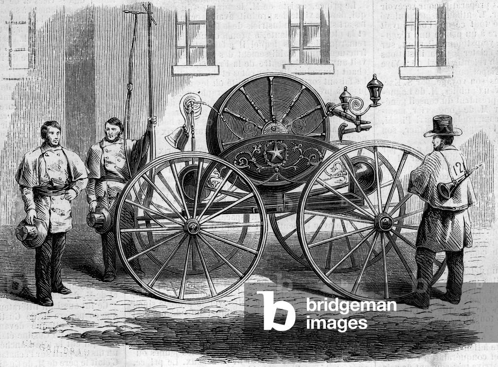 Fire Pumps of New York (New York), United States (United States), 1858. Engraving in “” Le Monde Illustré”” n°67 of July 24, 1858.