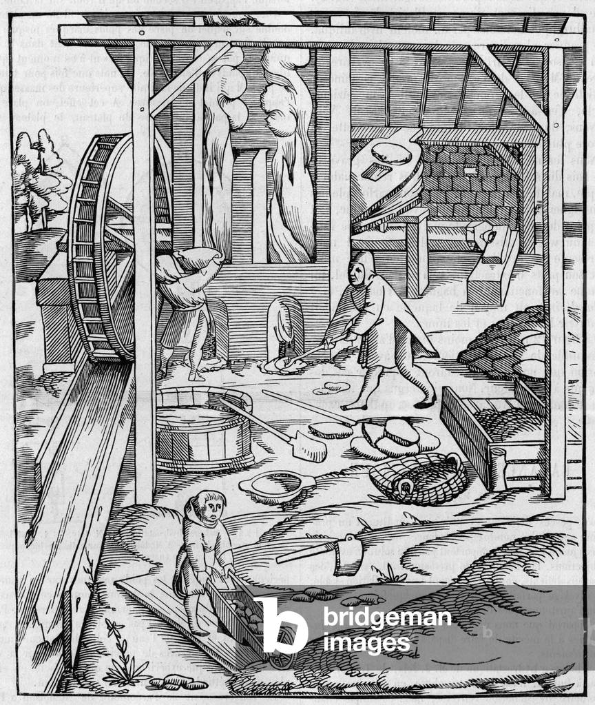 Metal furnace blower operated by a hydraulic motor. Fac simile (Fac-simile) of an engraving published in “” Cosmographie”” (1555) by Sebastien Munster. Engraving in “” La Nature: revue des sciences et de leurs applications aux arts et a l'industrie”” of 10 August 1889.