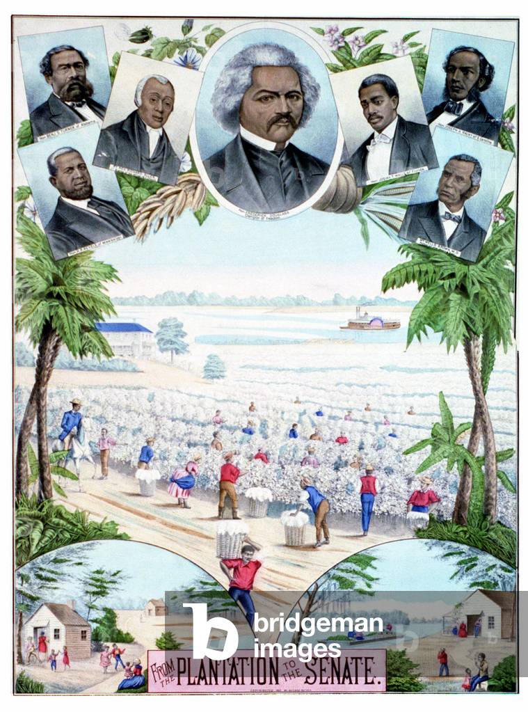 Plantations in the Senate: illustration depicting black workers in cotton plantations and black senators in the southern United States.