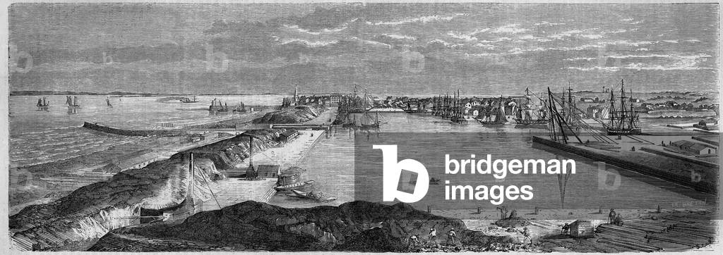 View of the city of Saint Nazaire (Saint-Nazaire) (Loire Atlantique, 44), 1857: the basin is afloat and the mouth of the Loire. Engraving in “” Le Monde Illustré”” n°18 of 15 August 1857.