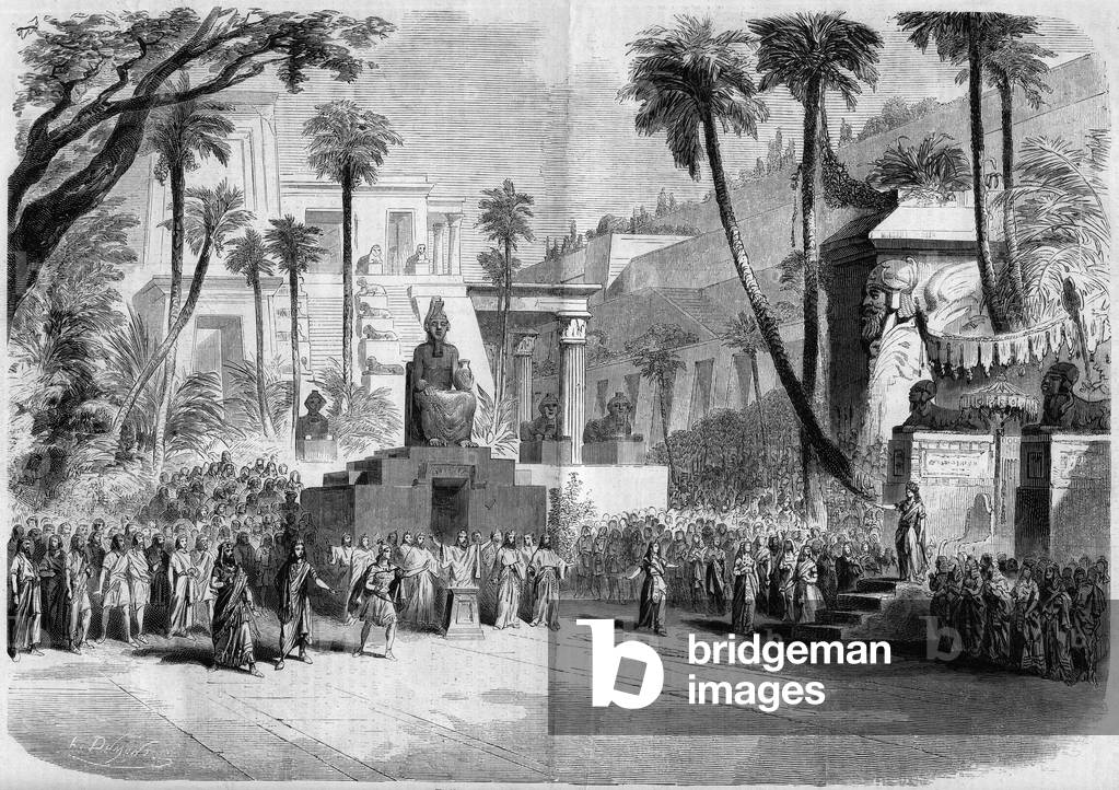 Representation of an opera, 1860: the hanging gardens of Semiramis. Scenography of the third act of “Semiramide”” based on music by Gioacchino Rossini (1792-1868). Paris, Imperial Theatre of the Opera. Engraving in “” Le Monde Illustré”” n°171 of 21 July 1860.