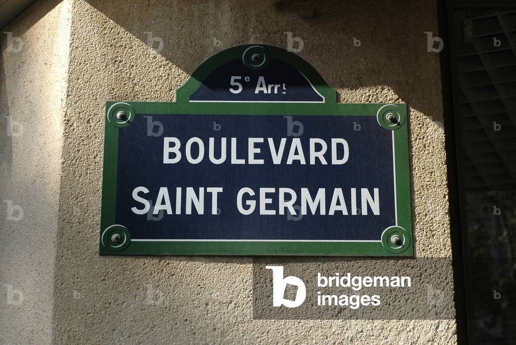 Street plaque with pediment of Boulevard Saint Germain in Paris.