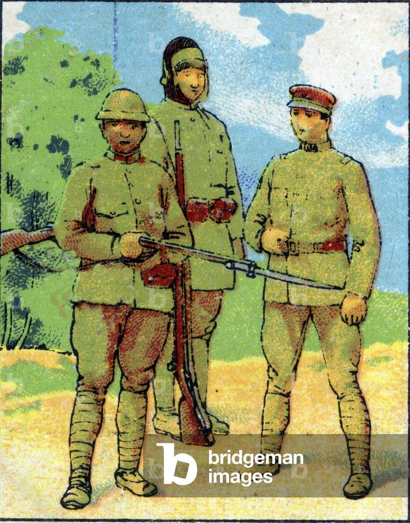 Asia, Japan: military suits of Japanese army soldier. 1936 (chromo)