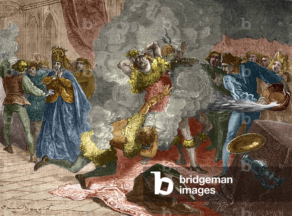 The ball of the ardents or ball of the savages: on the occasion of the wedding of a lady of Isabeau (Isabella, Elizabeth) from Bavaria on 28 January 1393, the king disguised himself and chained himself to four other courtiers. His brother, the Duke of Orléans, to recognize them, approached a torch and set fire to their costumes. The king was barely saved and one of the other four gentlemen, who threw himself into a basin of water. 19th century engraving, Histoire de France by Martin.