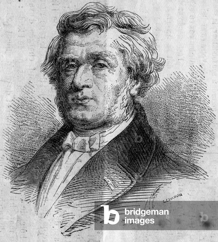 Portrait de Alphonse Lavallee (1791-?), homme d'affaires nantais, fondateur de l'Ecole Centrale des Arts et Manufactures (ou Ecole Centrale Paris) qui forme des ingenieurs. Gravure in 