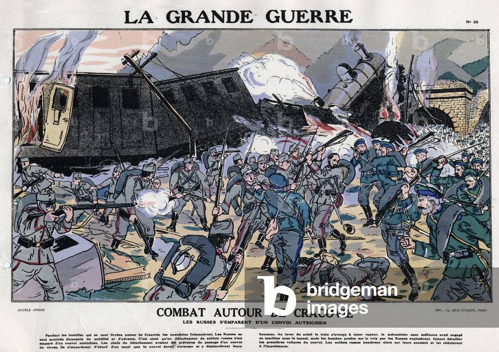 War 1914-1918: fight around Krakow in Poland. The Russians seized an Austrian convoy, 1914.