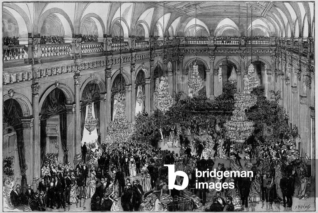 La grande salle des fetes de l'Hôtel de Ville de Paris during the annual celebration of the municipality. engraving in “Le monde Illustrée”” 1885