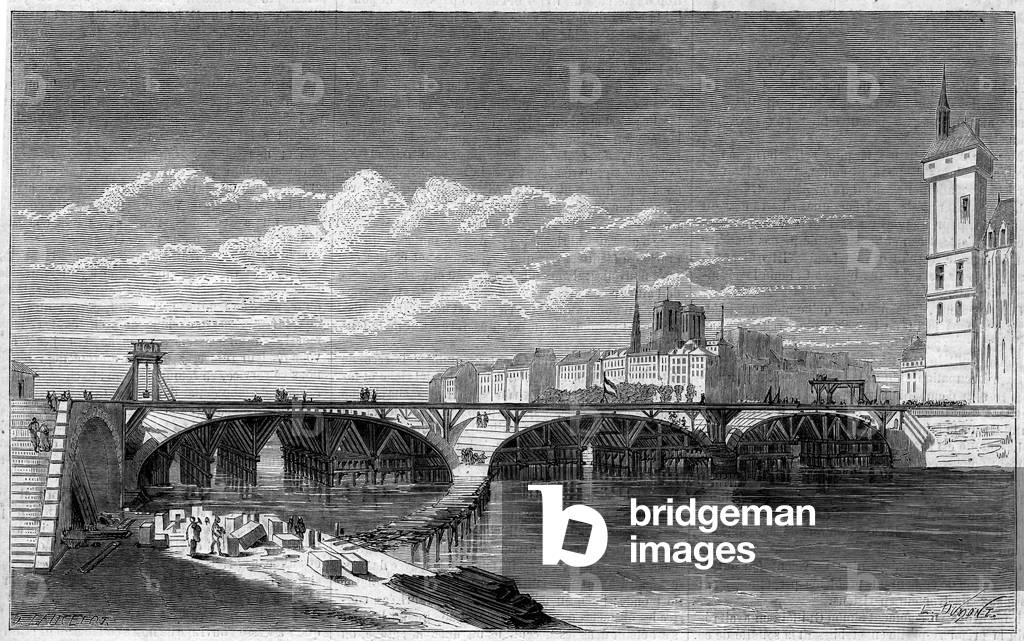 Transformations of Paris under the Second Empire, Haussmann Paris: view of the Pont au Change during its reconstruction. Engraving in “” Le Monde Illustré”” n°169 of 7 July 1860.