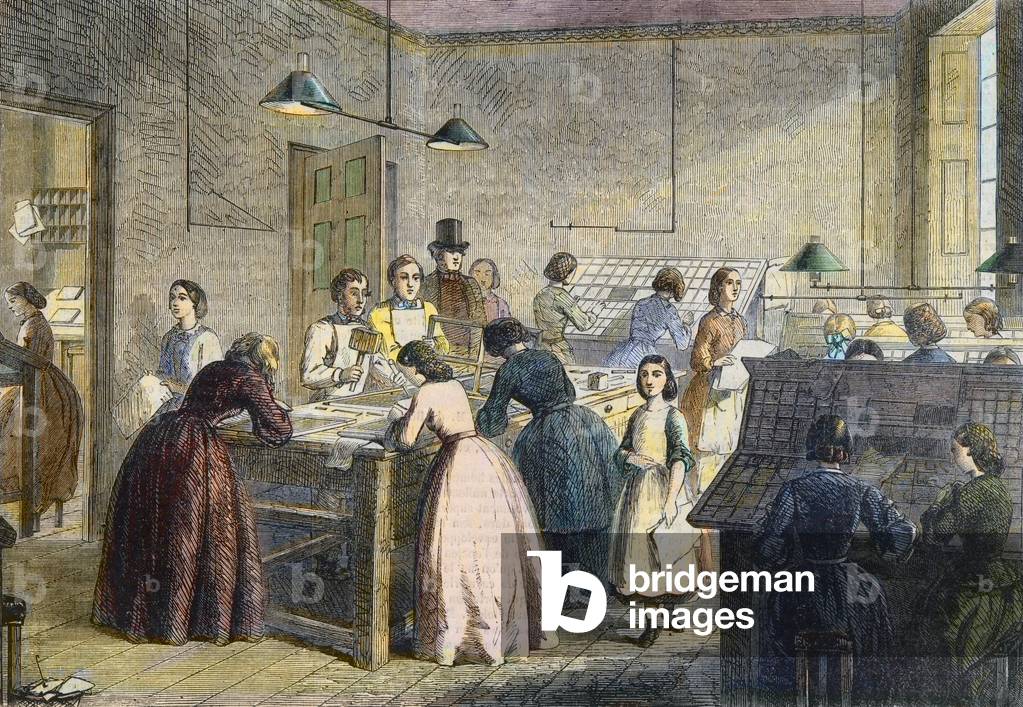 Women compositors at the printing office of the Victoria Press, Great Coram Street, London, in 1860 .