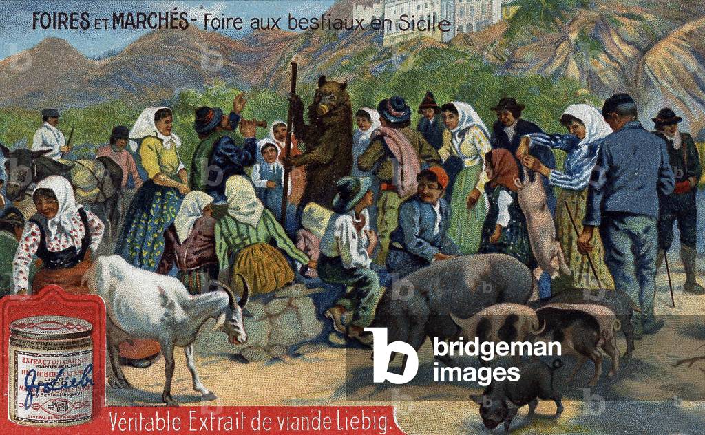 Fairs and markets: cattle fair in Sicily. Chromolithography, Liebig image.