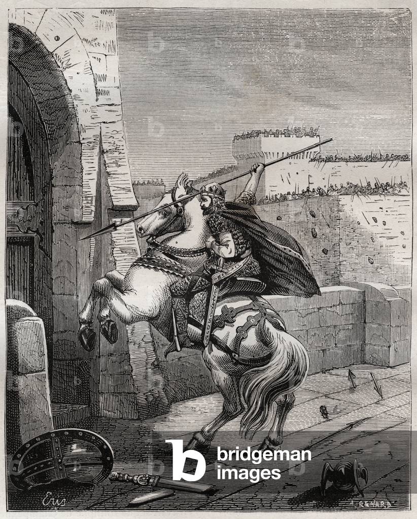 Otto II, Holy Roman Emperor before Paris - Otton II of the Holy Empire, known as the Roux (955-983) irritates not being able to penetrer in Paris (Paris headquarters, 978), advances under the walls of the city to plant his spear in the door - engraving in “Paris a travers les centuries” by Henri Gourdon de Genouillac, 1879-1882 -