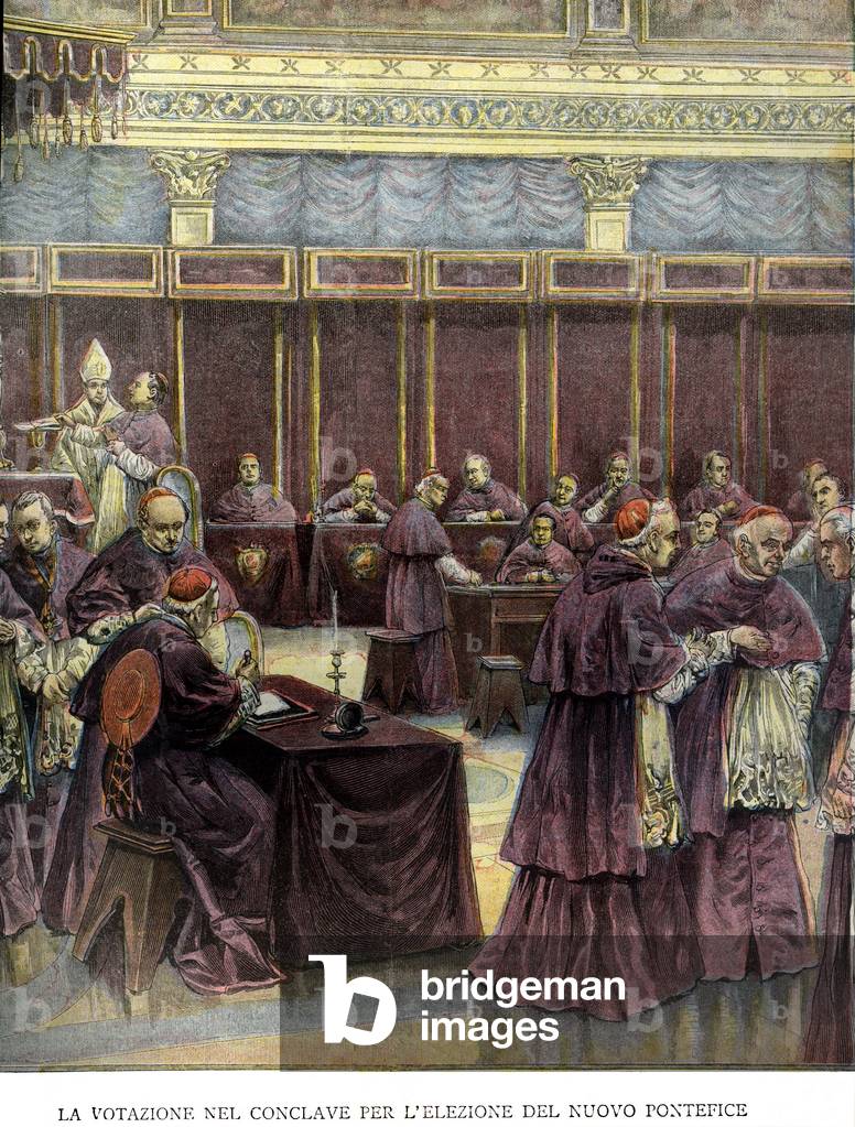 The vote of the conclave for the election of the new pontiff Pius X (meeting of cardinals to elect the Pope) - in “La Tribuna Illustrata”” of August 9, 1903.