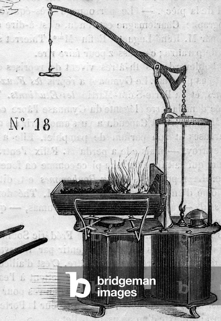 Agricultural machine: a double wind piston forge presented at the Paris agricultural competition in 1860. Engraving in “” Le Monde Illustré”” n°172 of 28 July 1860.
