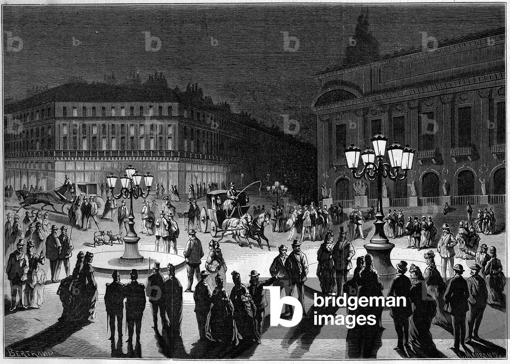 Experience on the Place de l'opera in Paris of a new gas lighting system in 1872. Engraving of February 1872.