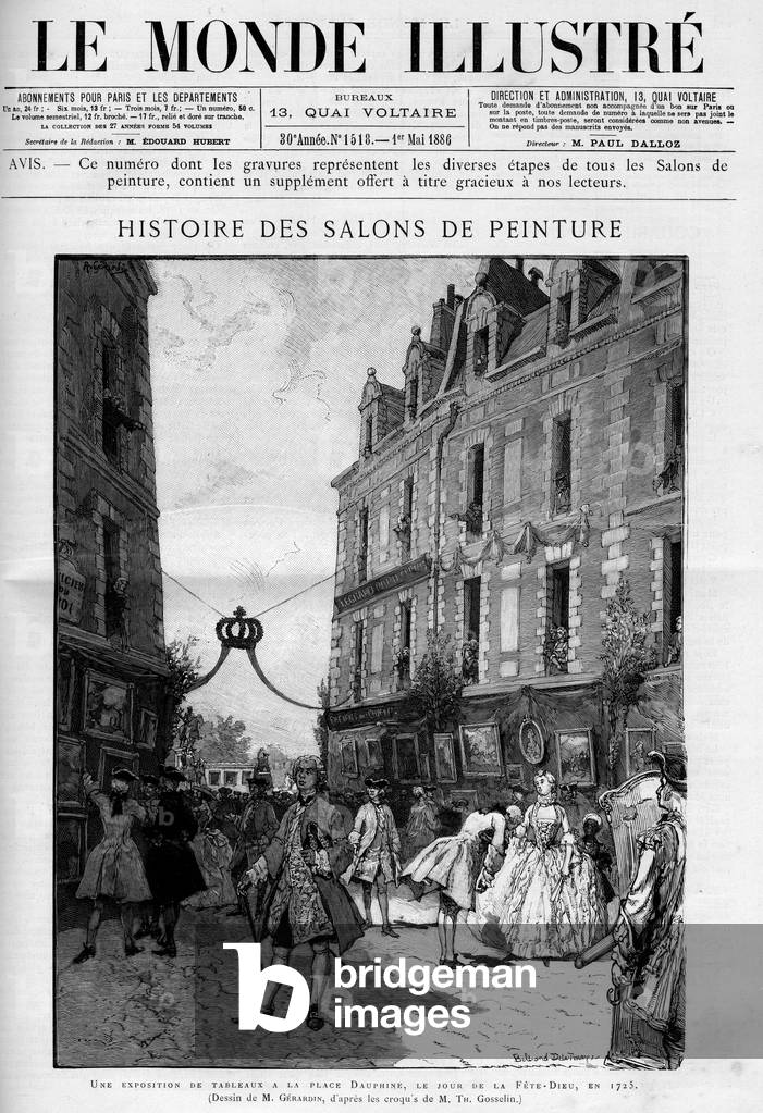 Visit of the exhibition of paintings at Place Dauphine on Ile de la Cite in Paris, on the day of the fete dieu (fete dieu) in 1725. Engraving in “” Le Monde illustrious””, 1886. Private collection.