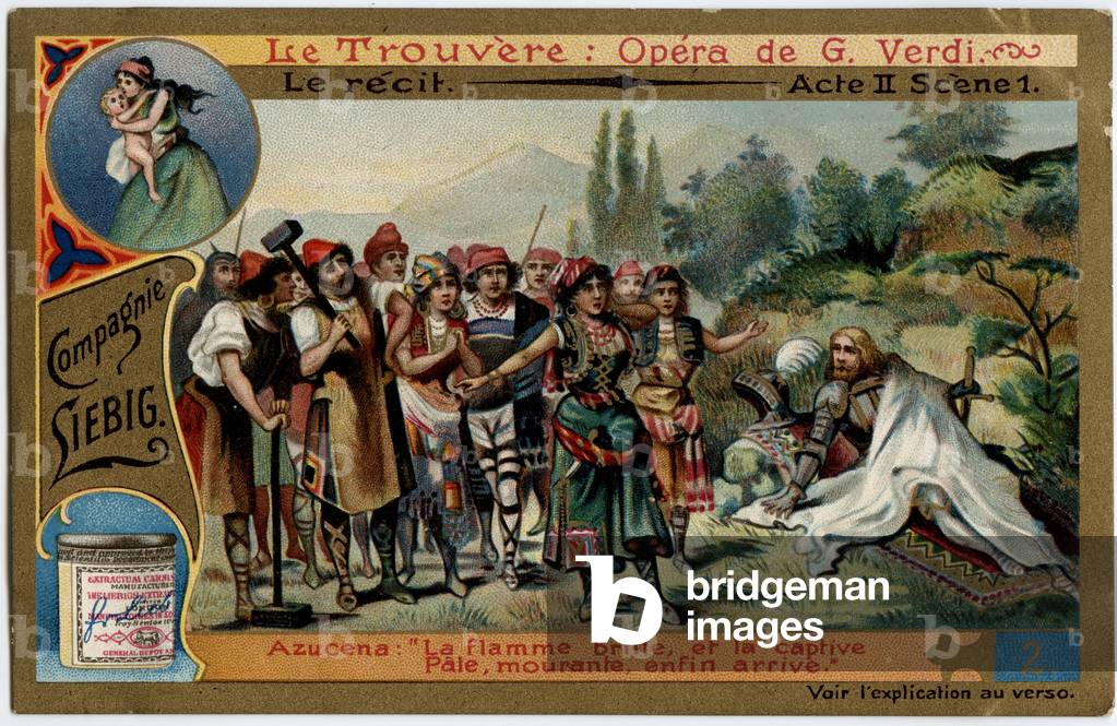 The act II scene 1.Illustration for the opera “” The find”” (Il trovatore) by Giuseppe Verdi (1813-1901). Chromolithography (Chromo) Liebig from the end of the 19th century.