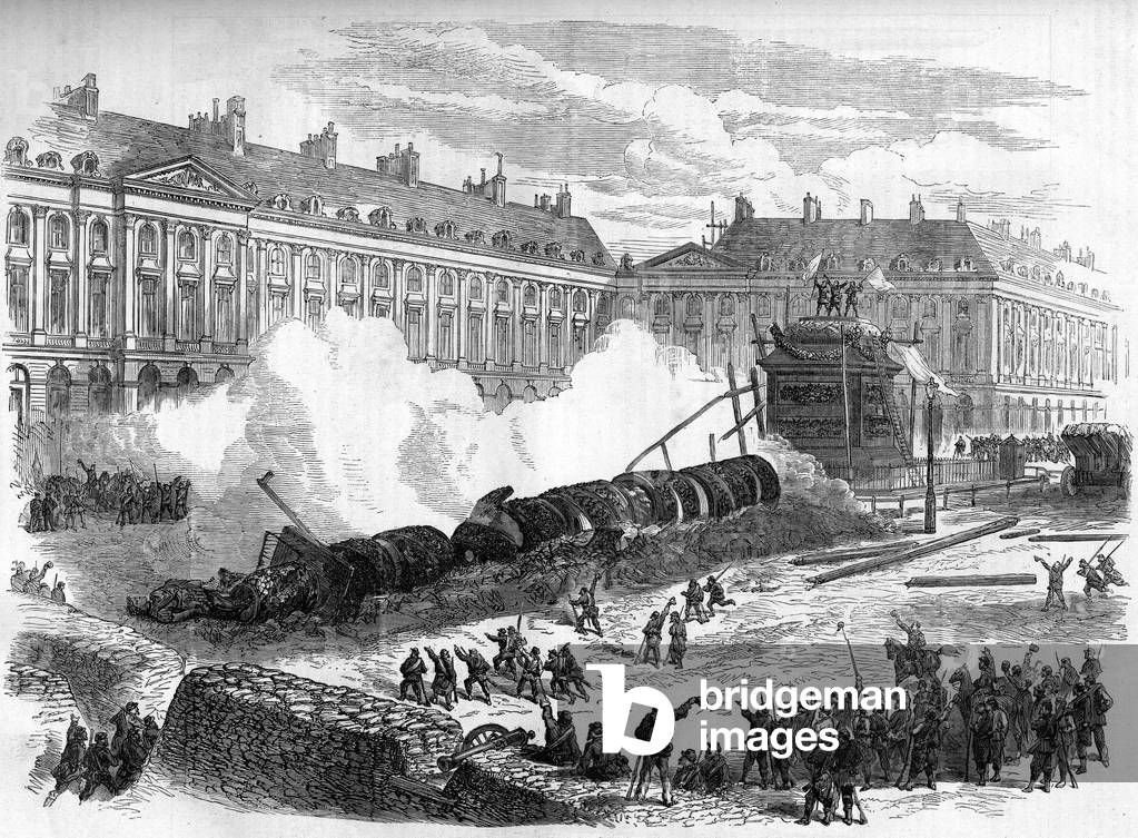 The Paris Commune in 1871. Demolition of the Vendome column by the federes (communards) on April 12, 1871.