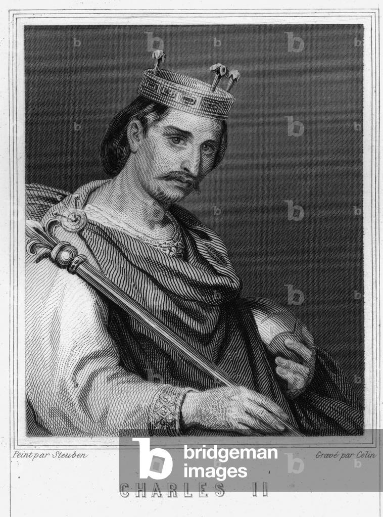 Portrait of Charles II the Bald (823 - 877), King of France - in “Histoire des Français”” by Lavallée, engraving, sd., 19th century.