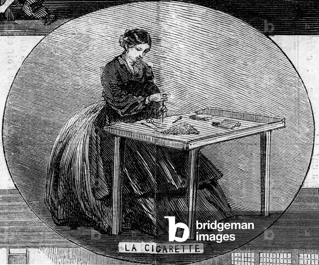 Manufacture des tabacs, Paris, 1860: manufacture of cigarettes. Engraving in “” Le Monde Illustré”” n°159 of 28 April 1860.
