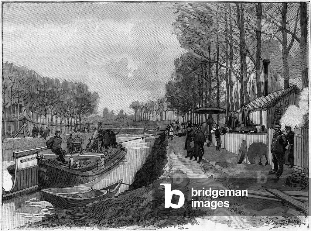The funicular hauling of boats on the canals in Joinville le Pont, following the Maurice Levy system.