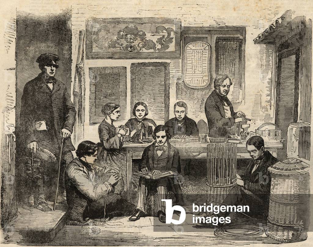 Basketry and Reading Workshop for the Blind located on Euston Road in London and organized by the Association for Promoting the General Welfare of the Blind, an association to help blind people find work. Engraving In “” The illustrated London News”” of 24 April 1858.