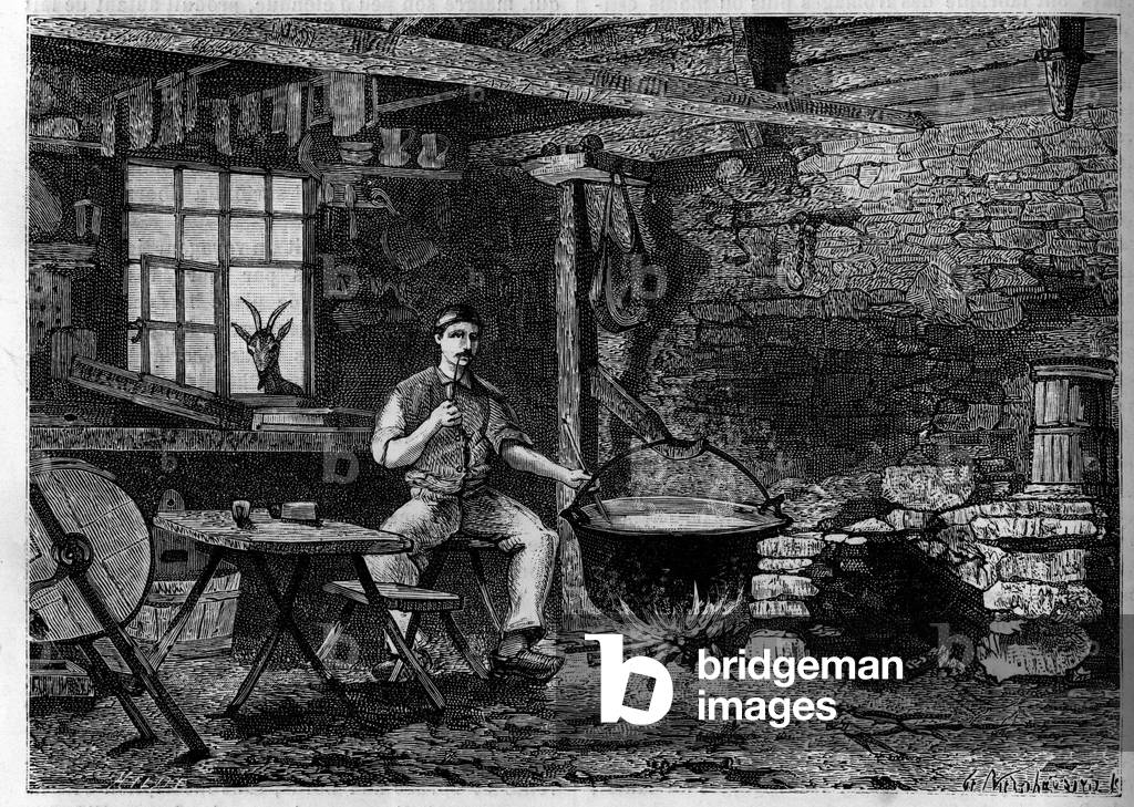 Interior of a cheese factory in the Vosges. Engraving in “Le journal de la jeunesse””, 1885.